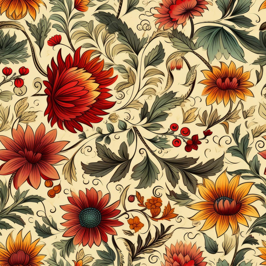 Vintage Floral, Red Orange Blooms